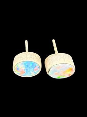 Sterling Silver Round Opal Stud Earrings in Iridescent Blue-Green